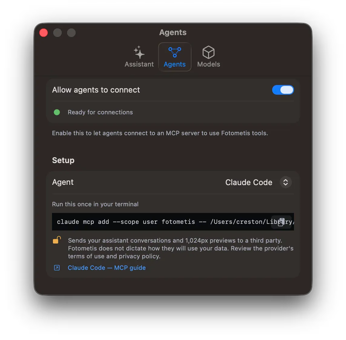 The Agents tab of the Fotometis settings. Allow agents to connect is on and the pane reads “Ready for connections”. Under Setup, the agent is Claude Code, with a command to run in the terminal and a link to the MCP guide.