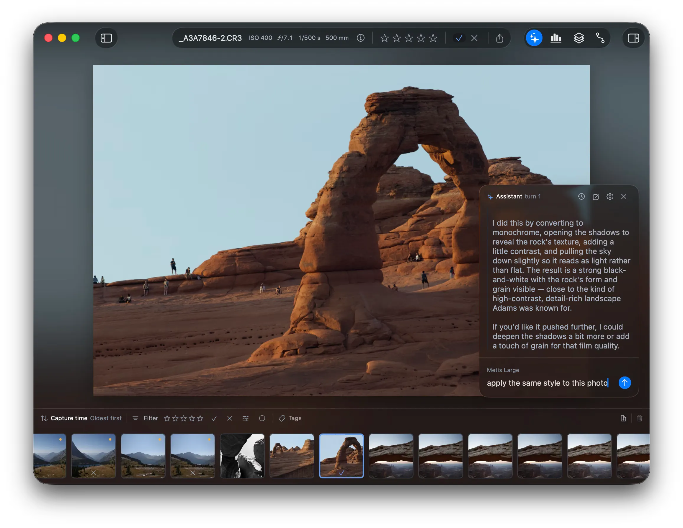 The assistant pane on a color photo of Delicate Arch. The reply from the previous photo describes the black and white conversion. The composer holds the text “apply the same style to this photo”.