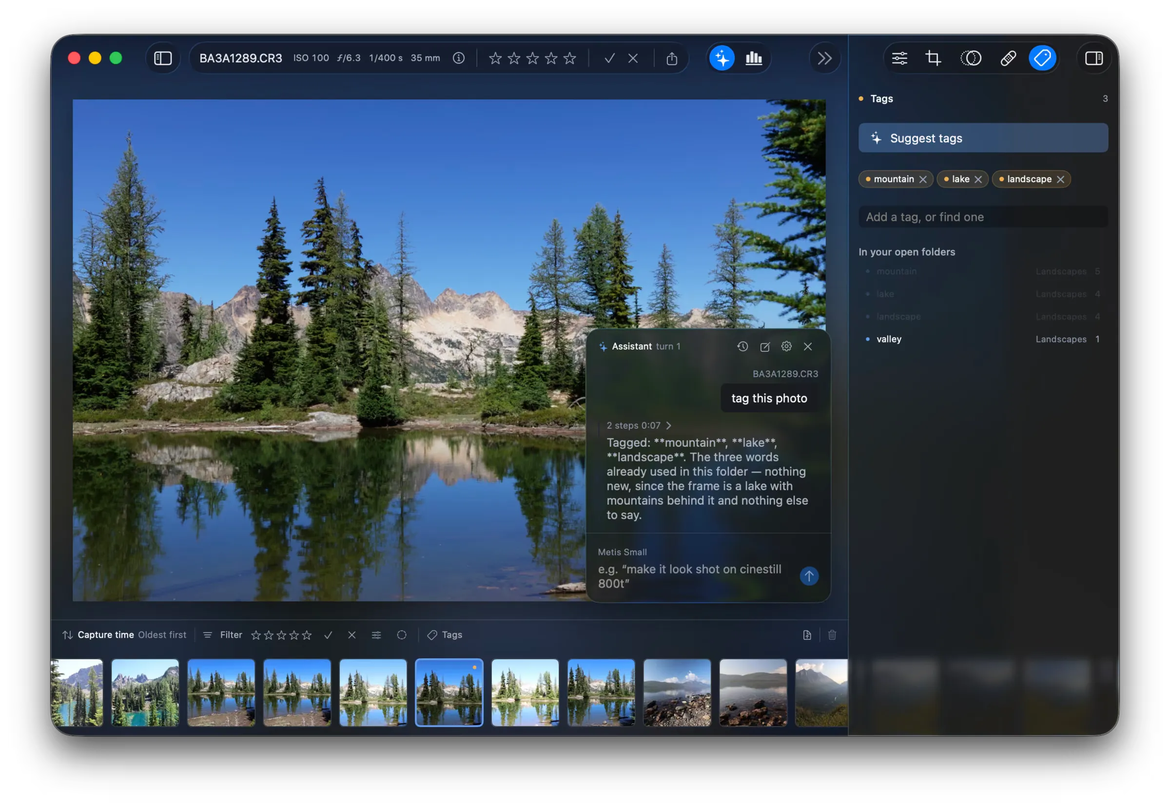 The assistant pane over a photo. The request reads “tag this photo” and the reply reads “Tagged: mountain, lake, landscape”. The tag list holds the same three tags.