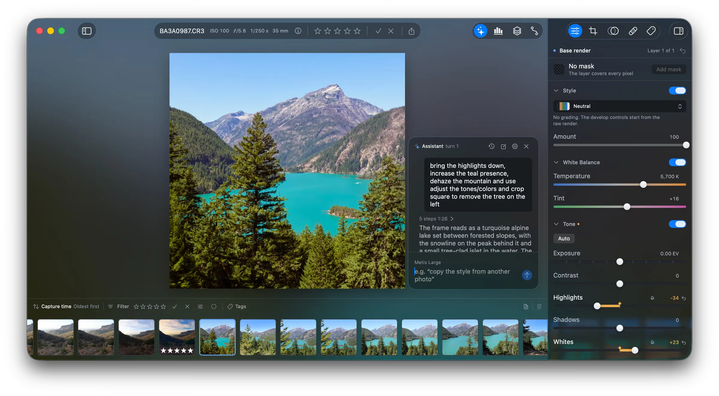 The Fotometis assistant. A request asks to bring the highlights down and dehaze the mountain, and the develop controls on the right have moved to match.
