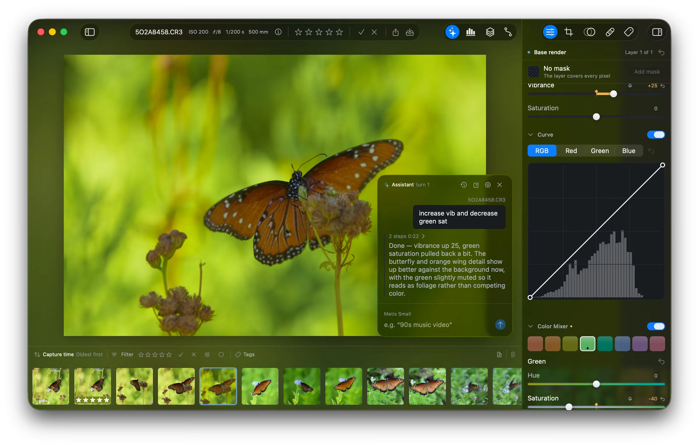 The assistant pane over the butterfly photo. The request reads “increase vib and decrease green sat”. The reply describes the change, and the sidebar shows Vibrance at +25 and the green saturation at -40.
