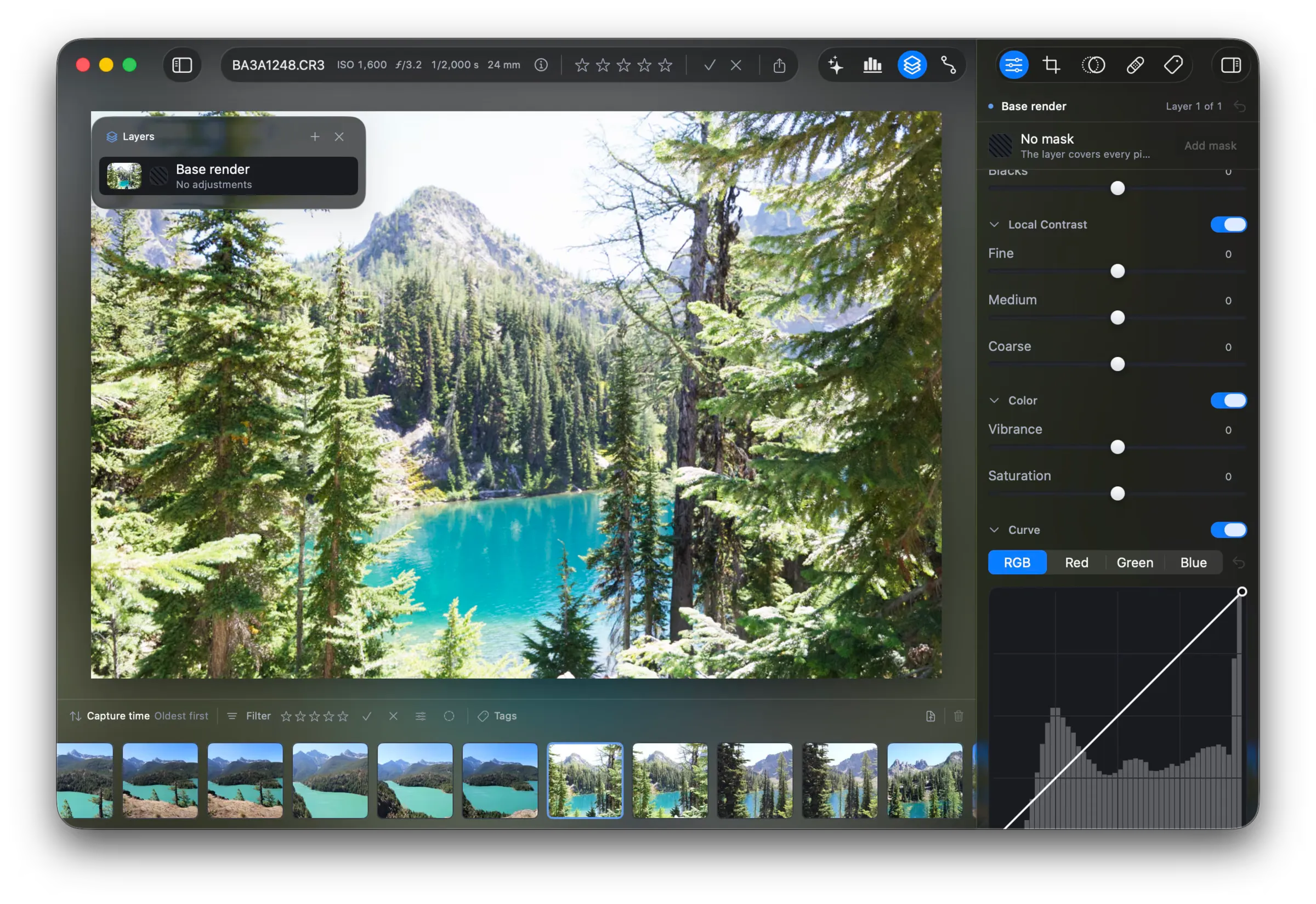 The Layers pane over the canvas. It holds one row, Base render, with the caption “No adjustments”. The sidebar reads “No mask, the layer covers every pixel” and “Layer 1 of 1”.