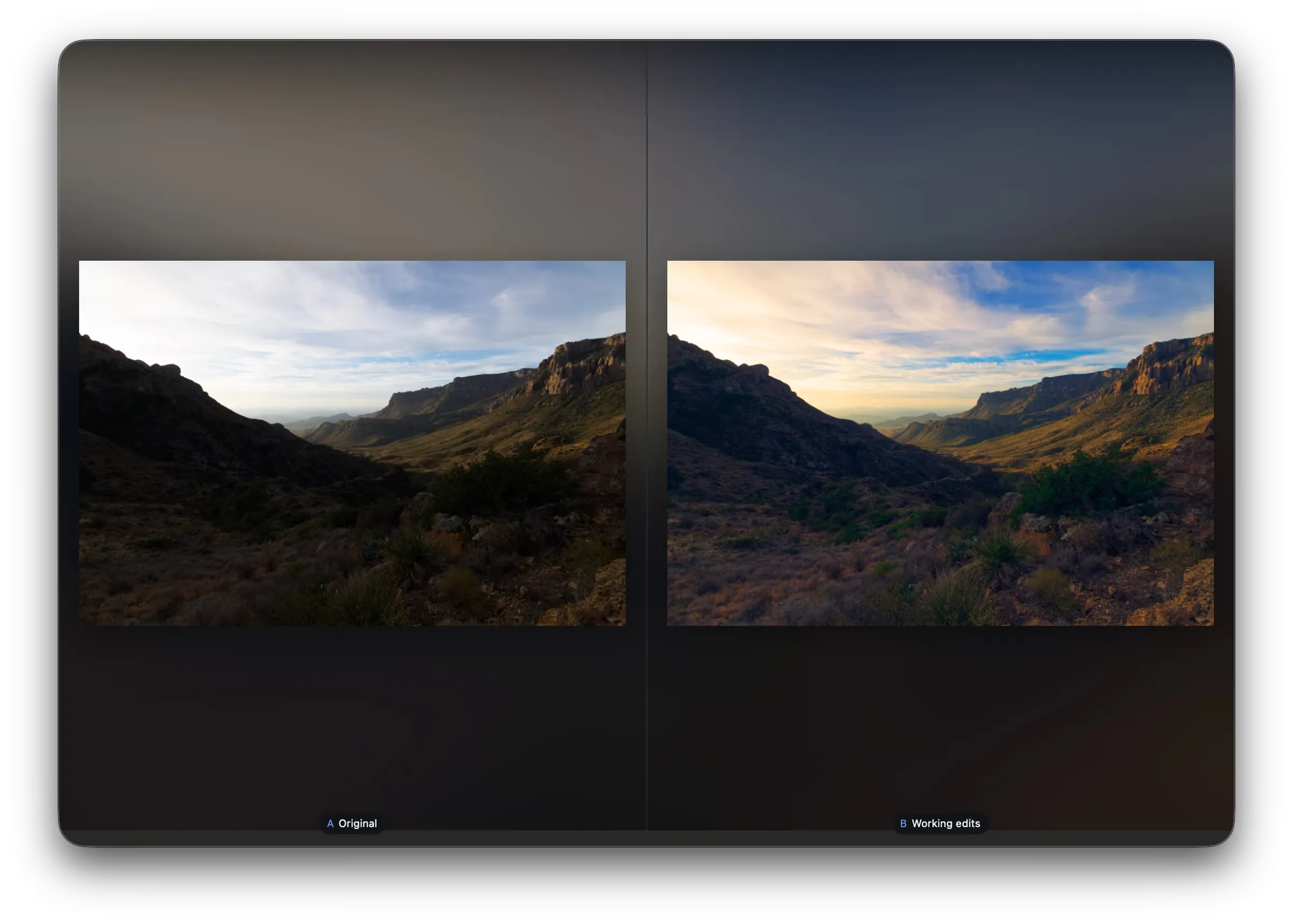 Two states side by side in gallery view, named “A Original” and “B Working edits”.