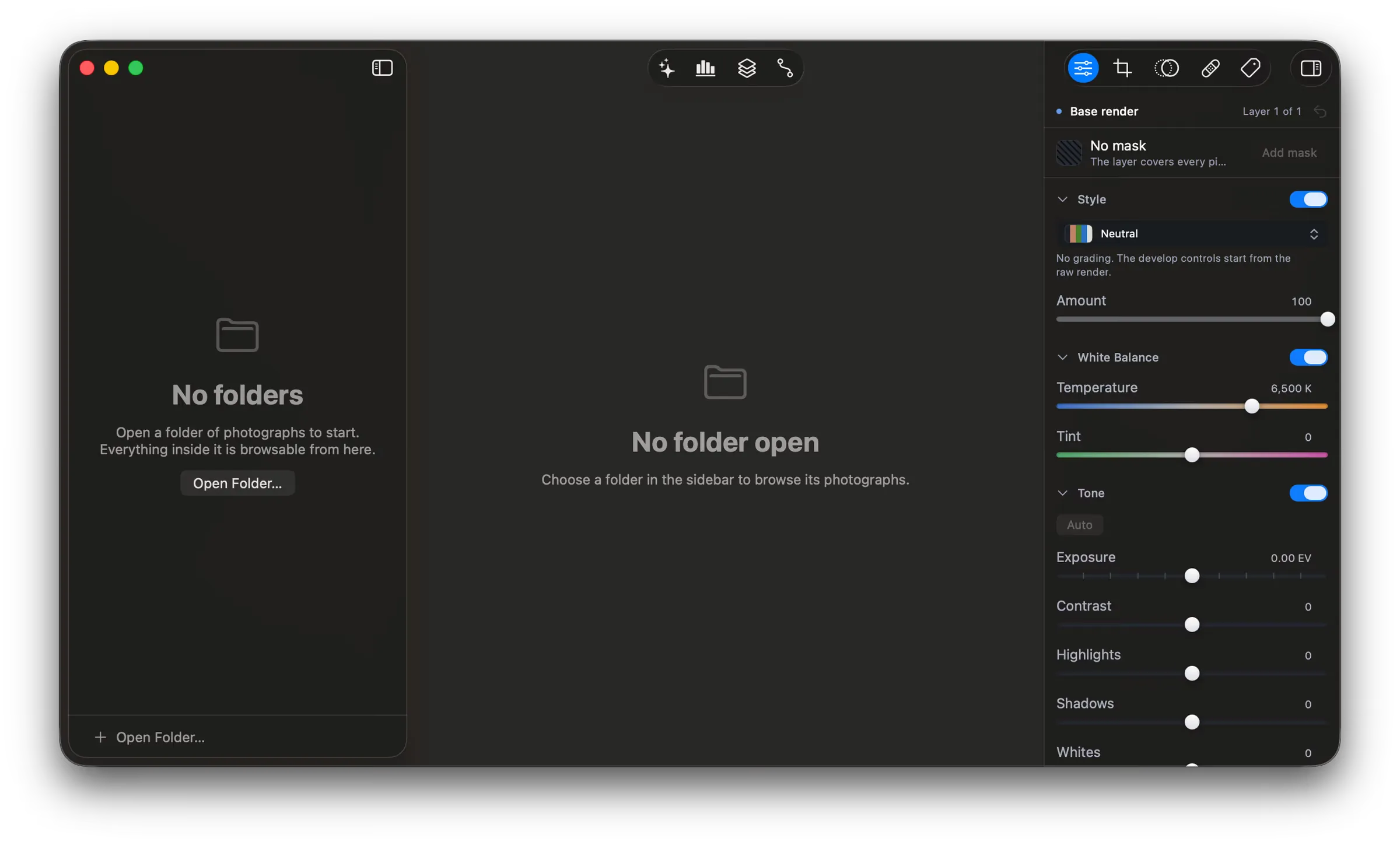 Fotometis with no folder open. The sidebar reads “No folders” and the canvas reads “No folder open”.