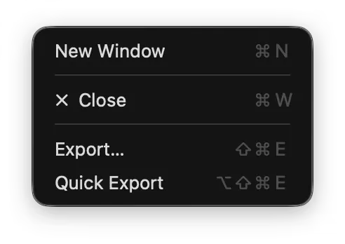The Fotometis File menu, open. It holds New Window, Close, Export… on Shift Command E, and Quick Export on Option Shift Command E.