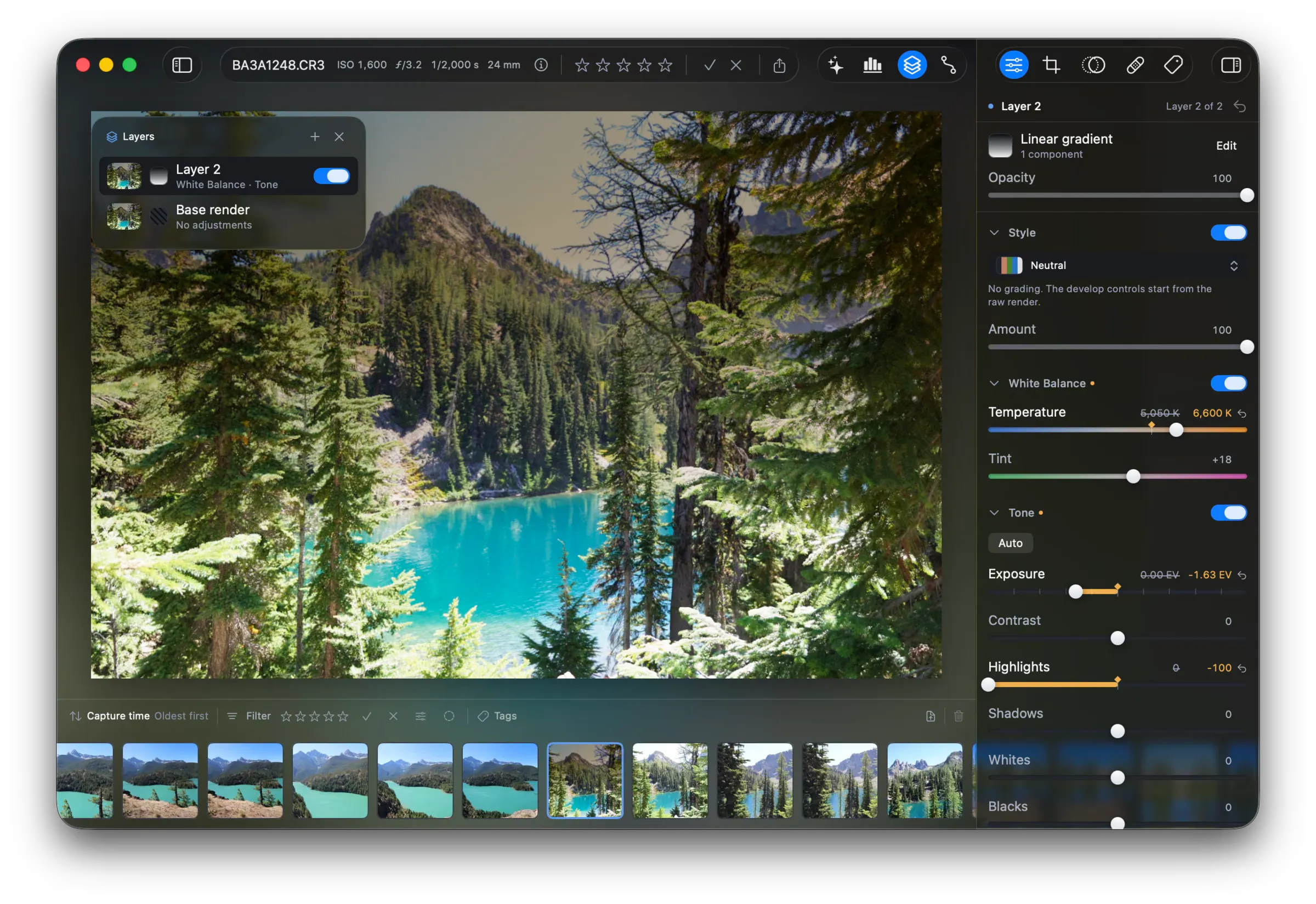 Layer 2 selected. The sidebar reads “Linear gradient, 1 component” with an Edit button, an Opacity slider, and the develop controls. Temperature is 6,600 K and Exposure is -1.63 EV. The top of the photo is warmer and darker.