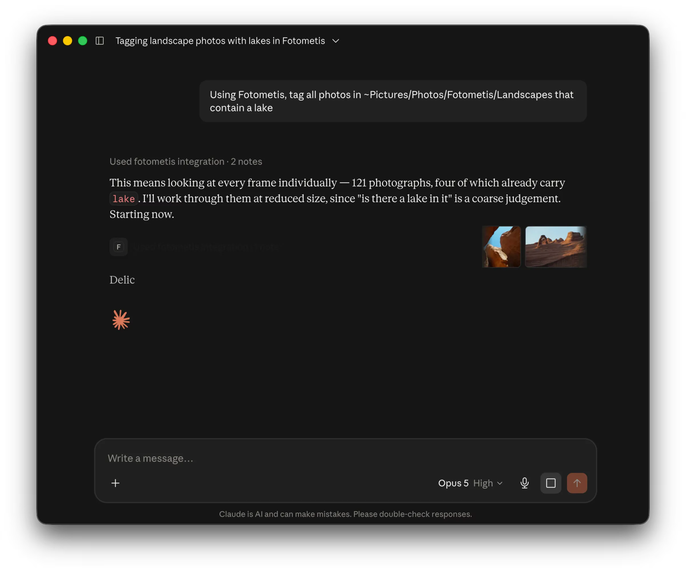 The Claude desktop app with the Fotometis integration. The request reads “Using Fotometis, tag all photos in ~Pictures/Photos/Fotometis/Landscapes that contain a lake”. The reply counts 121 photos, four of which already carry the tag “lake”.