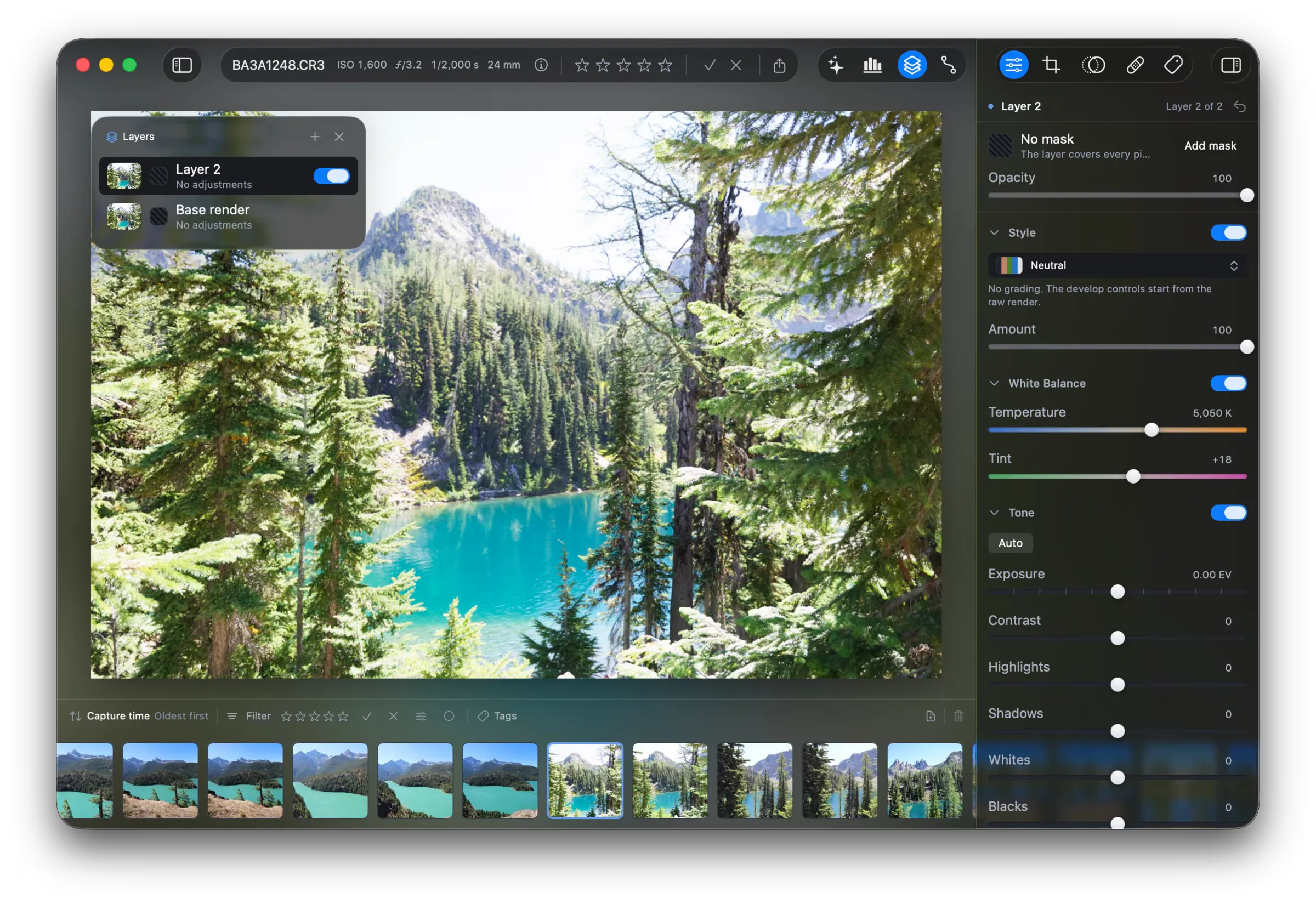 Layer 2 above Base render in the Layers pane, both with the caption “No adjustments”. The sidebar reads “No mask, the layer covers every pixel” with an Add mask button, an Opacity slider at 100, and the develop controls.