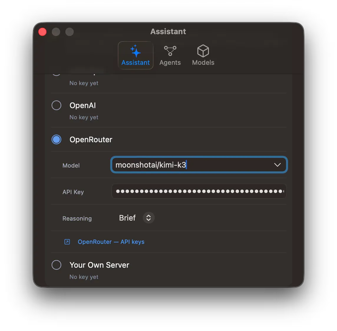 The OpenRouter provider in the Assistant tab, with the model moonshotai/kimi-k3, an API key, and the Reasoning level Brief.