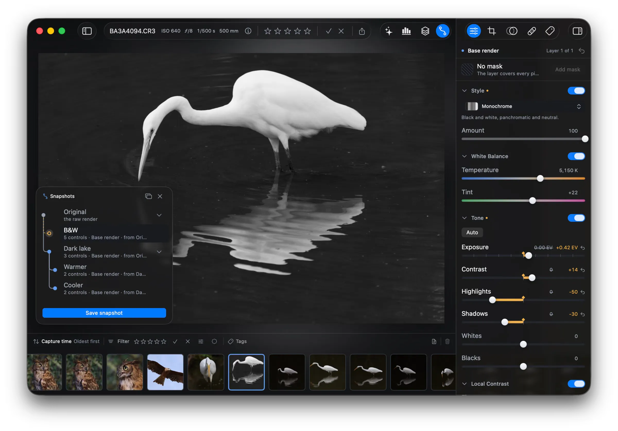 The Snapshots pane with four rows: Original, B&W, Dark lake, Warmer, and Cooler. B&W is selected, and its subtitle reads “5 controls, Base render, from Ori…”. The canvas shows the photo in black and white.