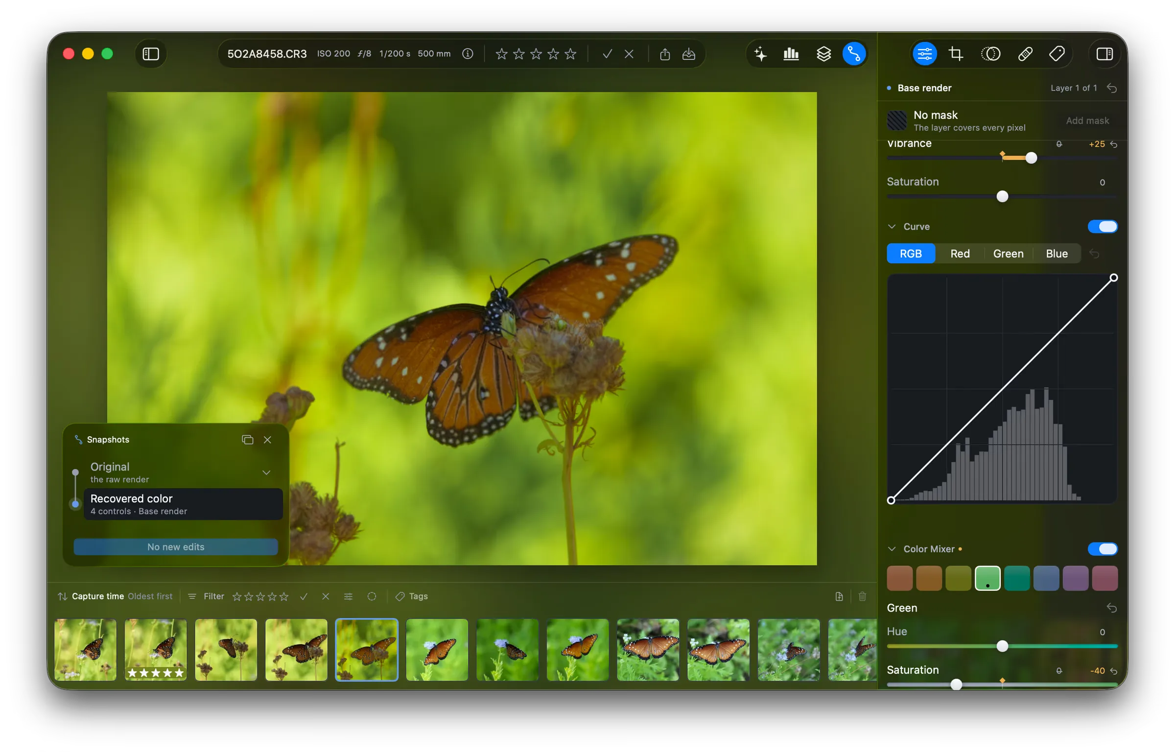 The Snapshots pane over the butterfly photo, with two rows: Original, “the raw render”, and Recovered color, “4 controls, Base render”. The button at the foot reads “No new edits”.